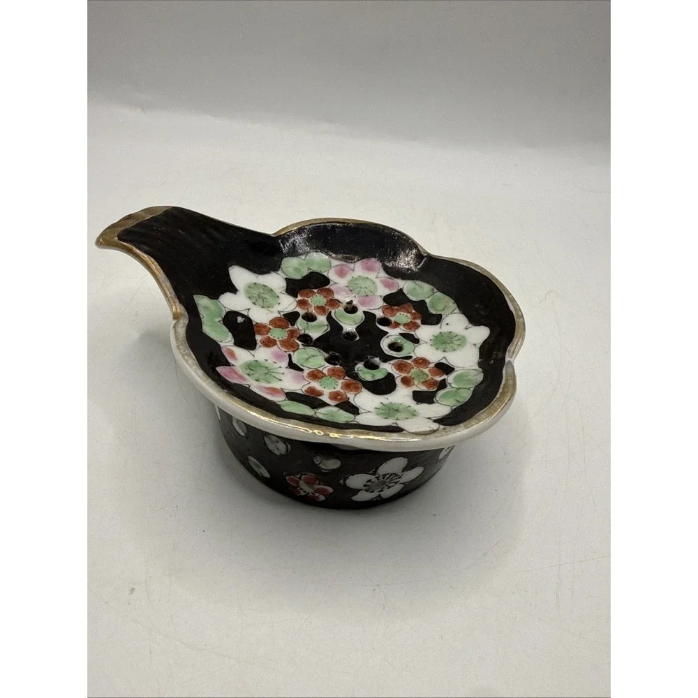 Black Floral Handpainted Decorative Japanese Vintage Ceramic Tea Bag Holder